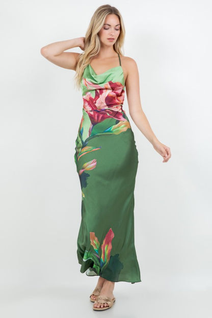 FLORAL PRINTED COWL NECK MAXI SATIN DRESS