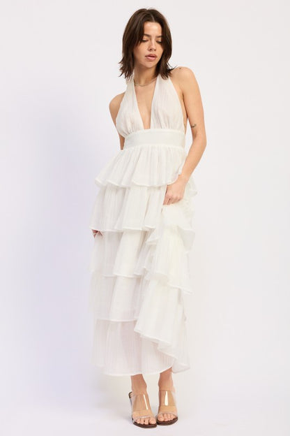 HALTER TIERED MIDI DRESS WITH NECK TIE