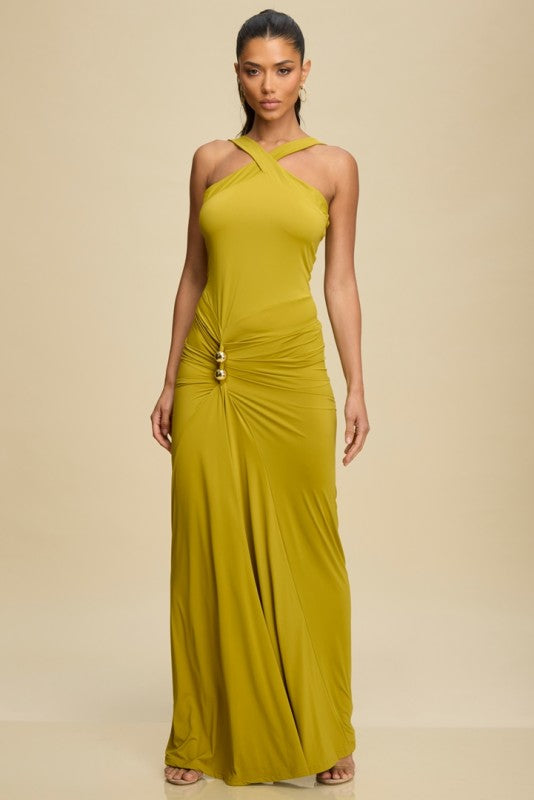 MOCK NECK DRAPÈ GOLD TRIM DRESS