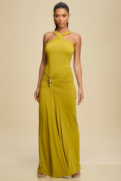 MOCK NECK DRAPÈ GOLD TRIM DRESS