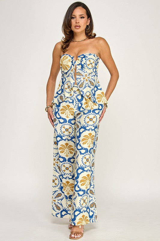 PRINTED BUST CUT BANDEAU TOP AND PANTS SET