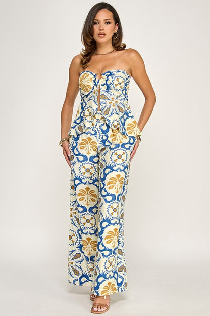 PRINTED BUST CUT BANDEAU TOP AND PANTS SET