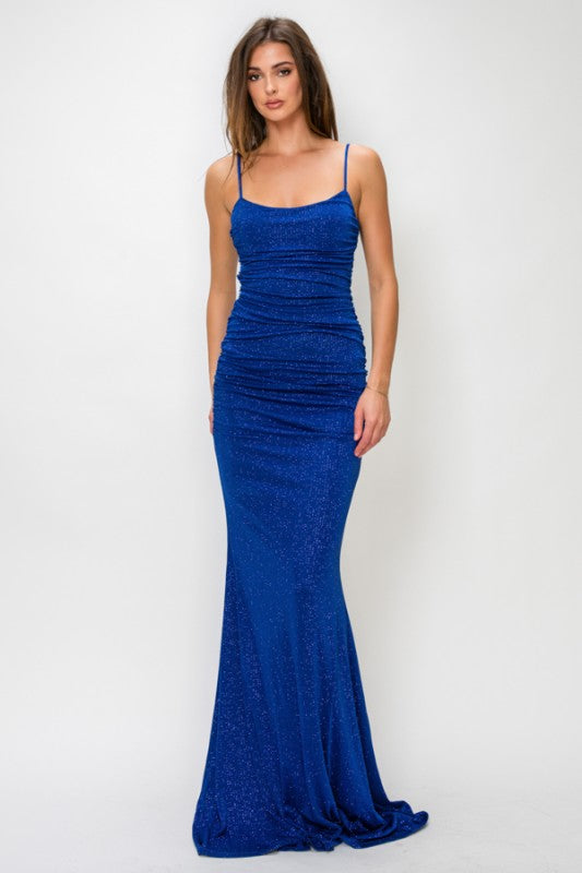 RHINESTONE RUCHED MERMAID MAXI COCKTAIL DRESS