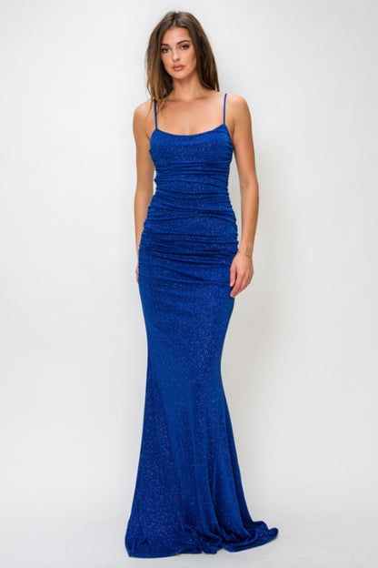 RHINESTONE RUCHED MERMAID MAXI COCKTAIL DRESS