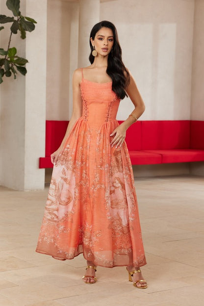 CORSET WAIST WHIMSICAL GARDEN MIDI DRESS