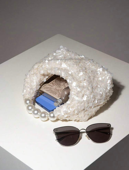 SEQUIN PARTY CLUTCH BAG WITH PEARL TOP HANDLE