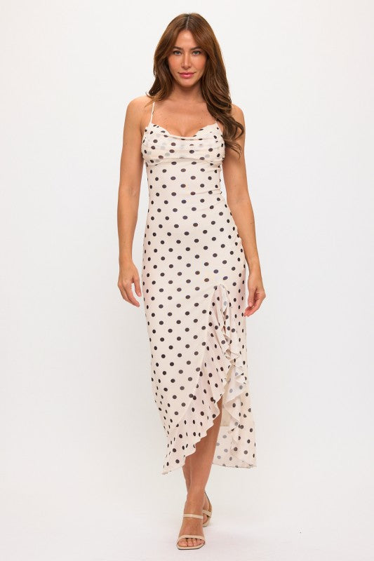 POLKA DOT PLEATED BUST MAXI SUMMER DRESS WITH SLIT