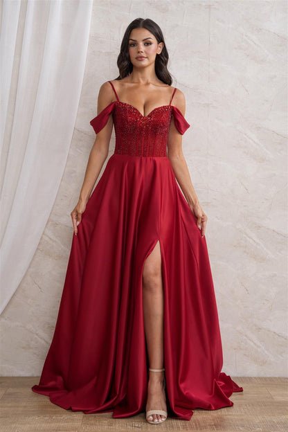 STONE BEADED TOP AND SHORT SLEEVES WITH BONING AND LACE BACK MAXI COCKTAIL DRESS