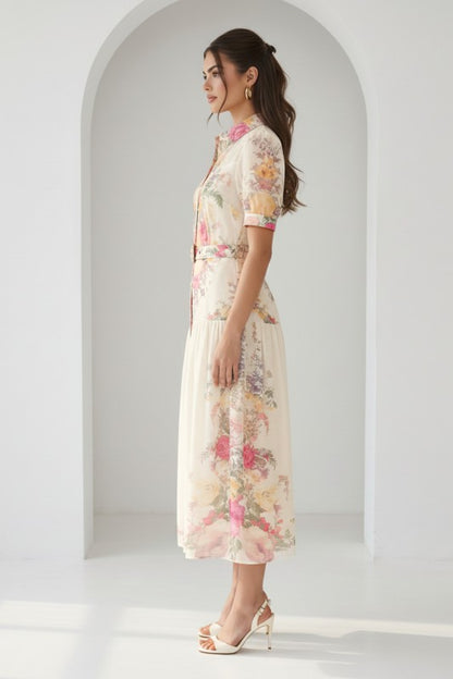PRINTED SHORT CUFF SLEEVES MIDI DRESS WITH BELT (Copy)