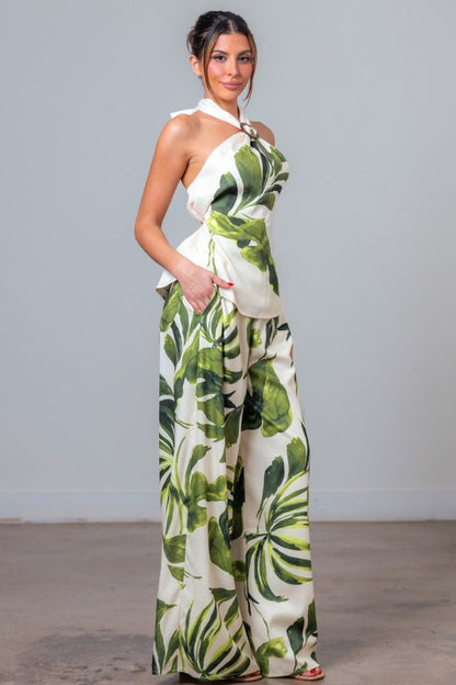 PRINTED HALTER NECK TOP WIDE LEG PANTS SET