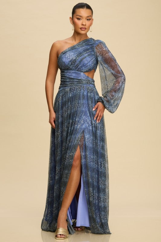 METALLIC ONE SHOULDER MAXI PARTY DRESS