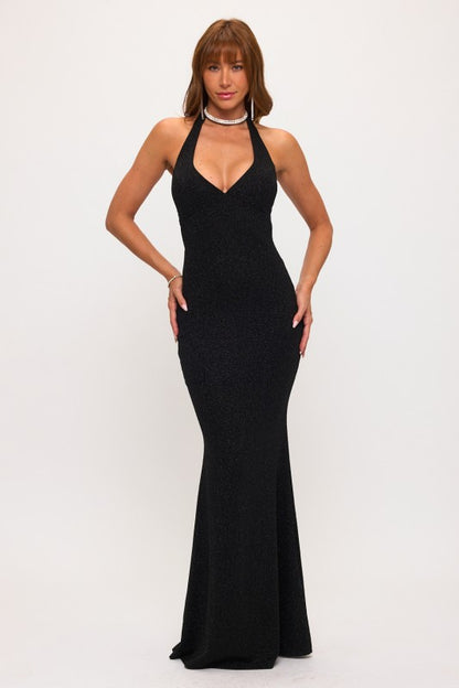 GLITTER HALTER BACK STRAP MERMAID MAXI PARTY DRESS