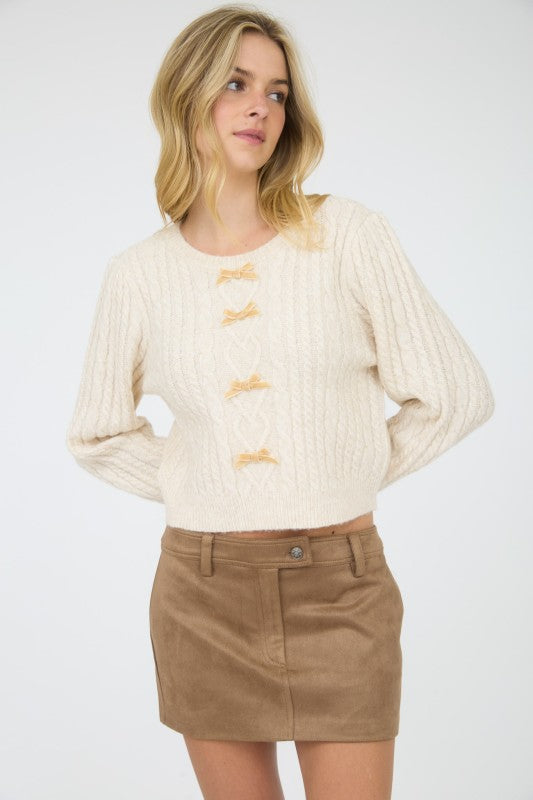 CABLE KNIT FRONT VELVET BOW DETAIL KNIT SWEATER