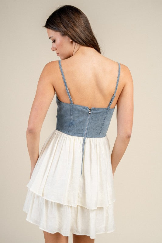 DENIM BUSTIER DRESS WITH CONTRAST TIERED SKIRT