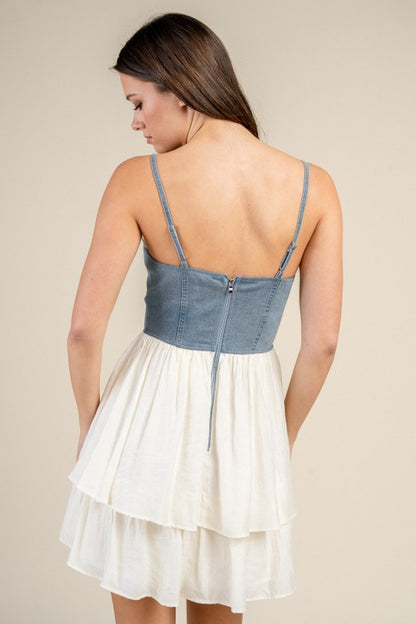 DENIM BUSTIER DRESS WITH CONTRAST TIERED SKIRT