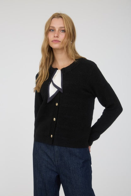 SCARF NECK DETAIL BUTTON DOWN KNIT CARDIGAN