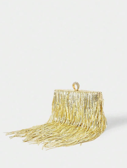 ELGANT RHINESTONE DRAWSTRING SEQUIN BOX-SHAPED EVENING CLUTCH