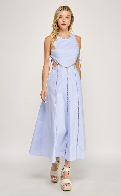 SIDE CUTOUT TIE FINISH LACE TRIM MAXI DRESS
