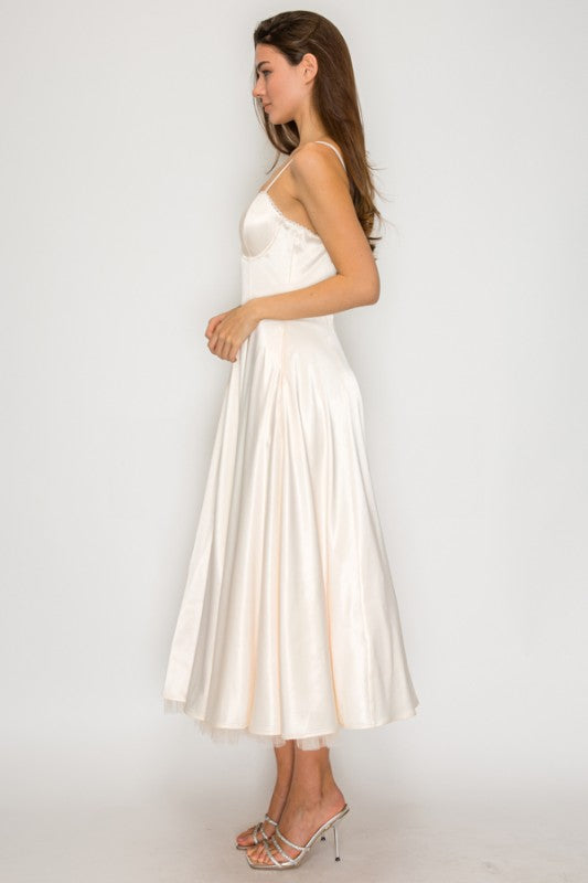 EVENING SATIN TULL MIDI DRESS