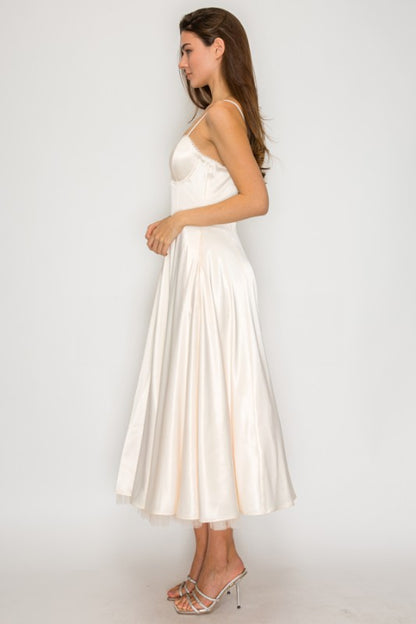 EVENING SATIN TULL MIDI DRESS