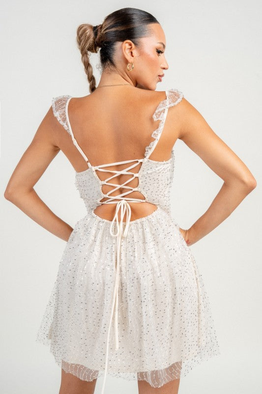 OFF THE SHOULDER EMBELLISHMENT A-LINE MINI PARTY DRESS