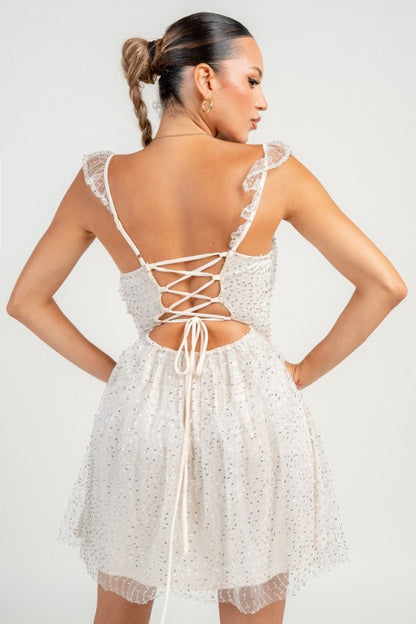 OFF THE SHOULDER EMBELLISHMENT A-LINE MINI PARTY DRESS