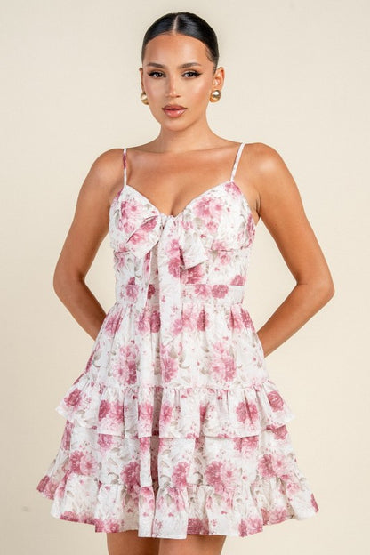FRONT TIE DETAIL & RUFFLE TIRE MINI DRESS