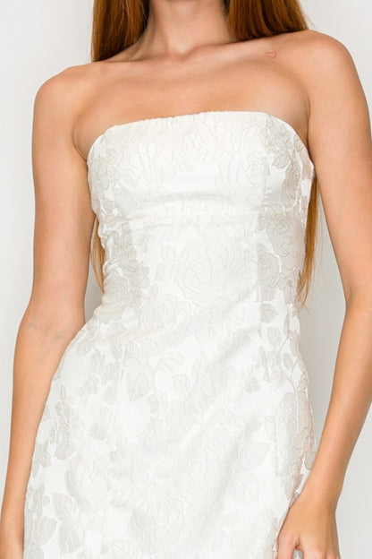 FLORAL JACQUARD STRAPLESS MINI PARTY DRESS