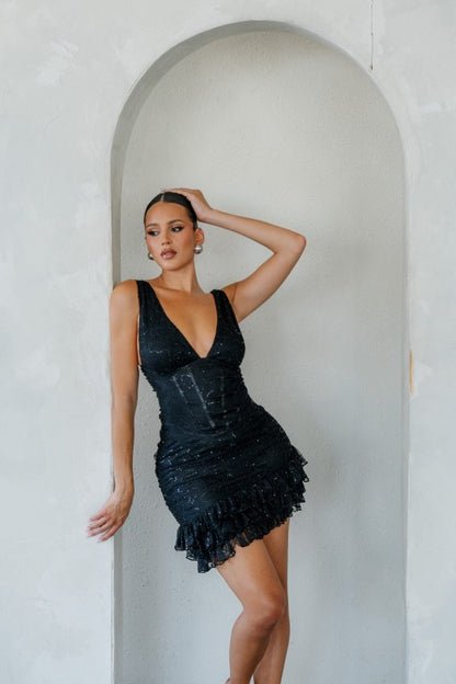 CLEAR SEQUIN LACE MINI DRESS