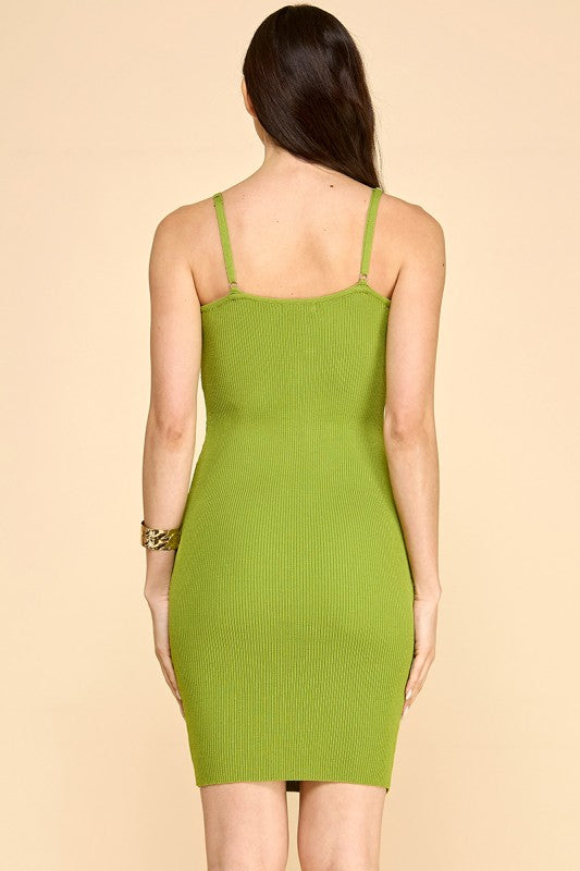 KNIT SPAGHETTI STRAP RUCHED CF BUST WITH TRIM BODY-CON MINI DRESS