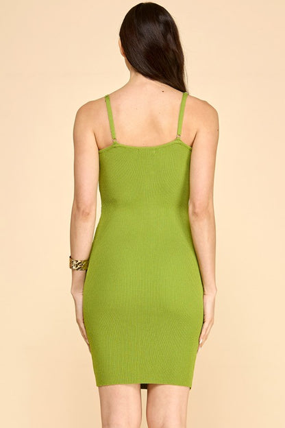 KNIT SPAGHETTI STRAP RUCHED CF BUST WITH TRIM BODY-CON MINI DRESS