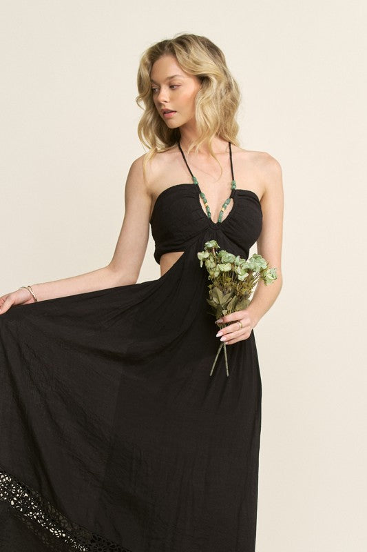 STONE BEAD HALTER STRAP CUTOUT MAXI DRESS