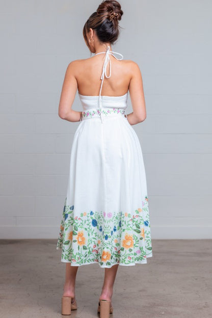 HALTER NECK LINEN FLORAL MIDI SUMMER DRESS