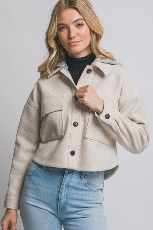 CROPPED FLEECE SHACKET WITH REMOVABLE HOOD