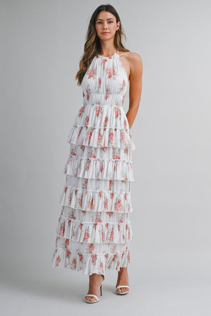 PRINTED FLORAL TIERED MIDI SUMMER DRESS