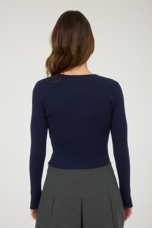 CUTOUT BOW DETAIL RIBBER KNIT CARDIGAN