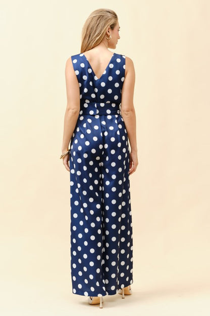 SLEEVELESS POLKA DOT BELTED WIDE LEG JUMPSUIT