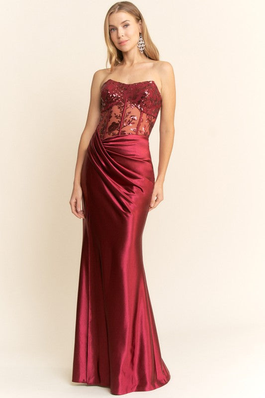 SHEER SEQUIN BODICE MAXI COCKTAIL DRESS