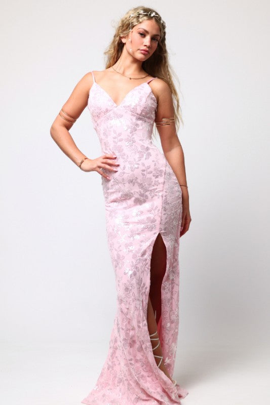 FLORAL SEQUIN MERMAID MAXI COCKTAIL DRESS