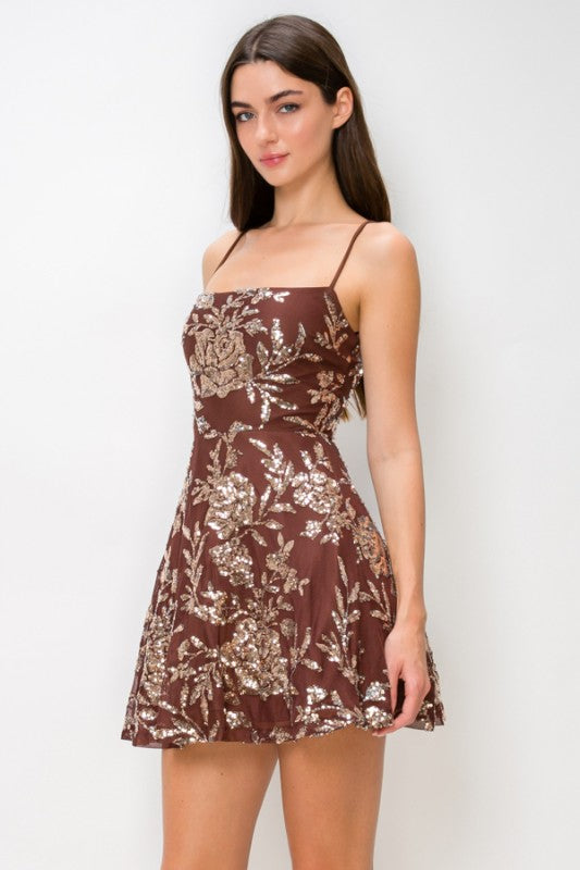 SEQUIN FIT AND FLARE MINI COCKTAIL DRESS