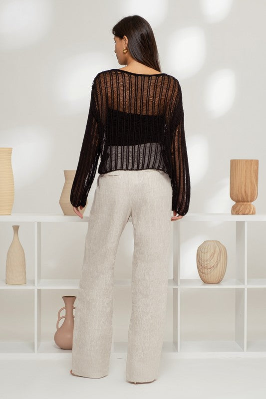 SHEER CROCHET LADDER KNIT PULLOVER SWEATER