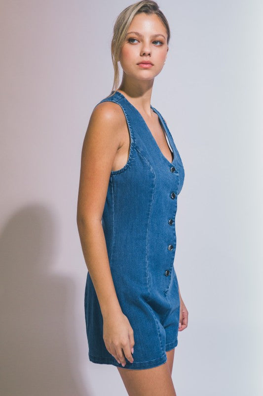 V NECK BUTTON DOWN DENIM ROMPER