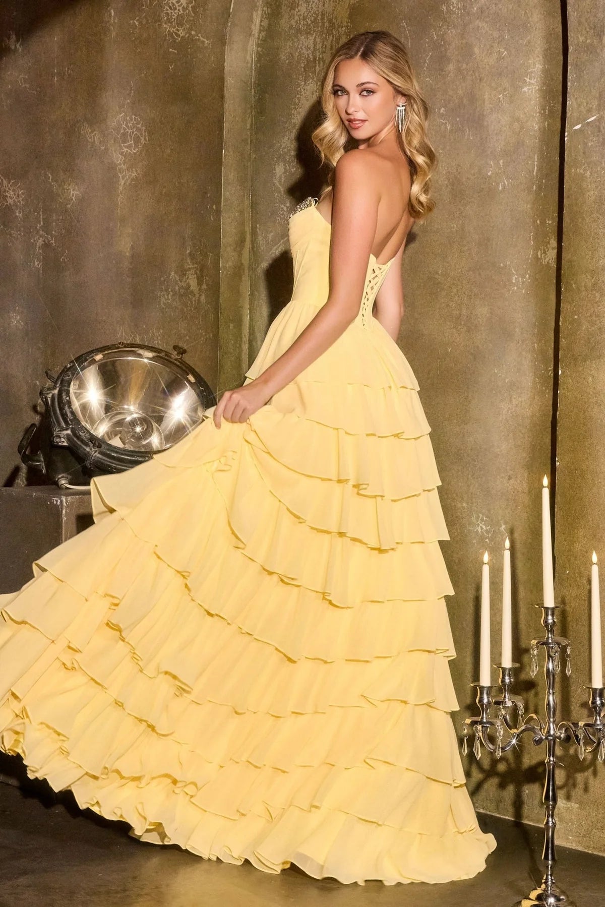 CHIFFON STRAPLESS SPARKLING PLEATED TIERED MAXI COCKTAIL DRESS