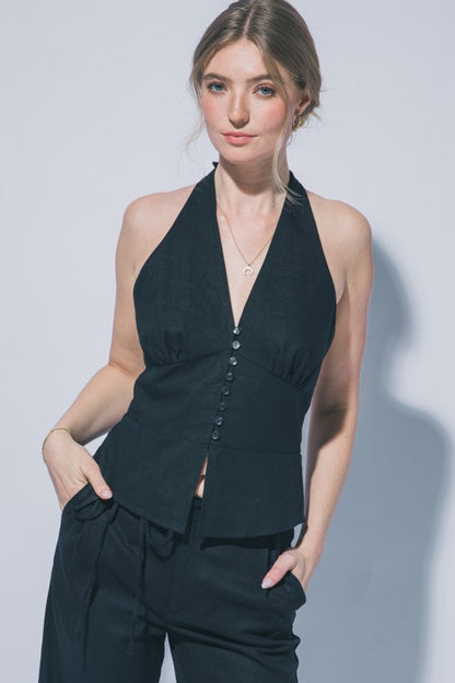 HALTER NECK LINEN TIE FRONT VEST PANTS SET