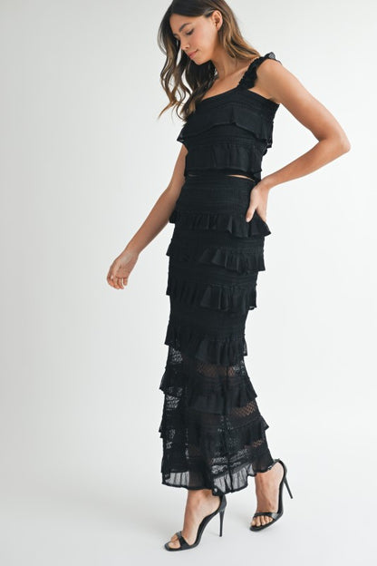 CONTRAST DETAIL RUFFLE KNIT TOP SKIRT SET