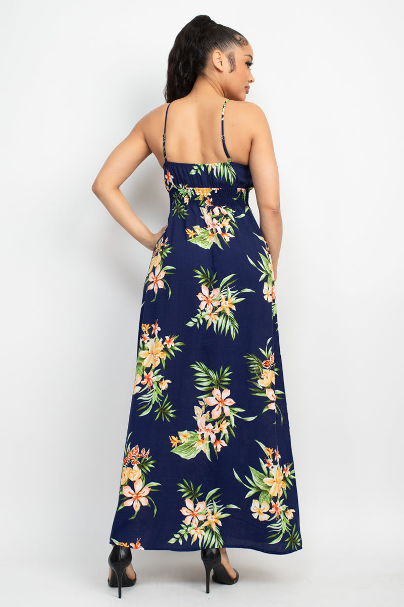 FLORAL KNOT SMOCKED SLIT MAXI DRESS