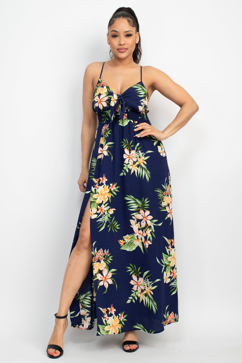 FLORAL KNOT SMOCKED SLIT MAXI DRESS