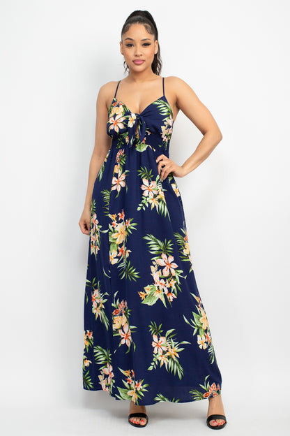 FLORAL KNOT SMOCKED SLIT MAXI DRESS