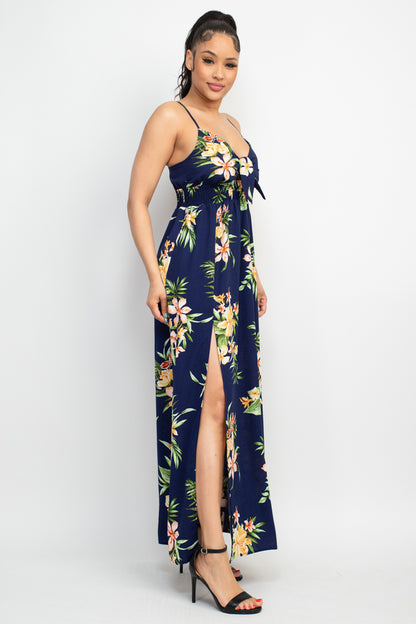 FLORAL KNOT SMOCKED SLIT MAXI DRESS