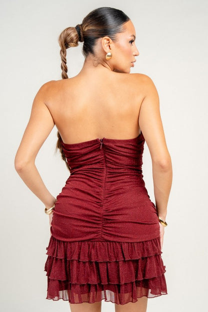 TUBE RUSHED TOP W RUFFLED SKIRT MINI DRESS